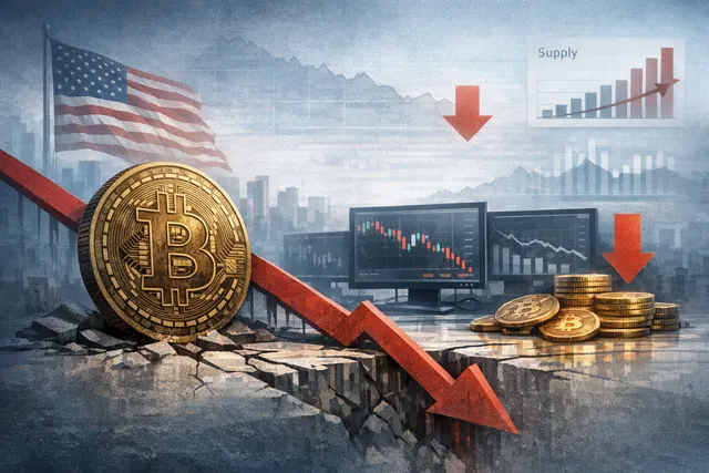 Editorial illustration of Bitcoin trading below its Coinbase price benchmark as a market demand gauge remains negative