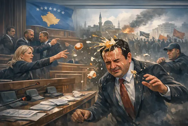 Graphic illustration of a chaotic parliamentary scene with eggs being thrown at the speaker's podium, symbolizing the political crisis in Kosovo.