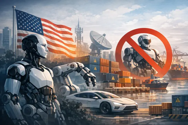 Illustration of FCC banning foreign-made humanoid and quadruped robots, with Tesla and Boston Dynamics robots in the background.