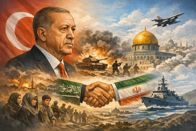 AI-generated editorial illustration of Recep Tayyip Erdoğan discussing Turkey’s regional peace and defence policy