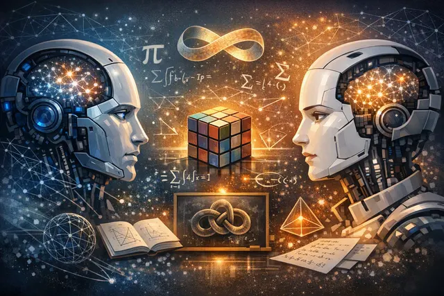 Abstract visualization of AI models solving mathematical equations and geometric shapes, representing the 2026 race between OpenAI Astra and Anthropic Claude Fable