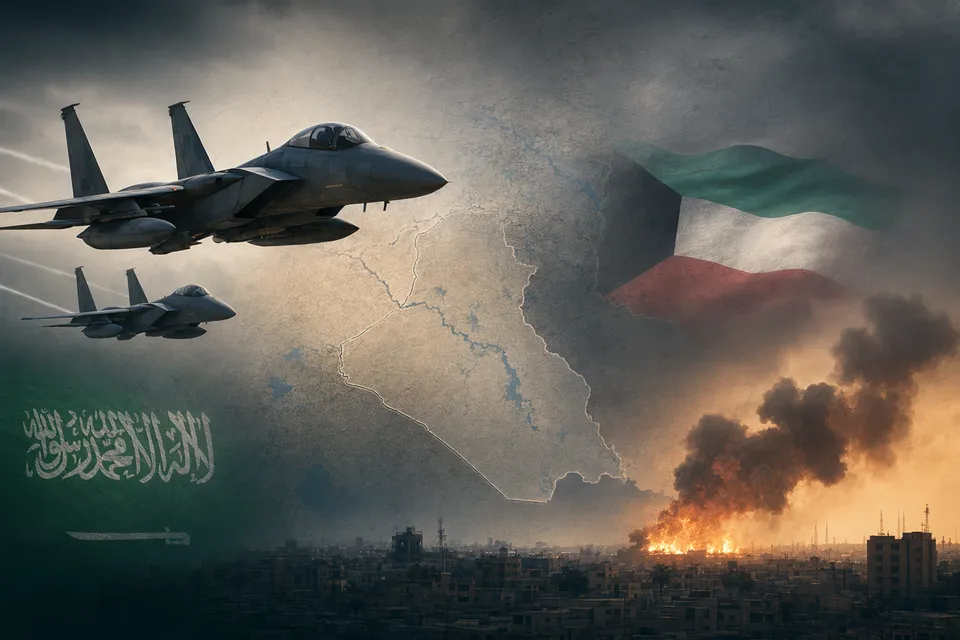 Map-style illustration of Saudi Arabia, Kuwait, and Iraq highlighting cross-border strikes on Iran-backed militias