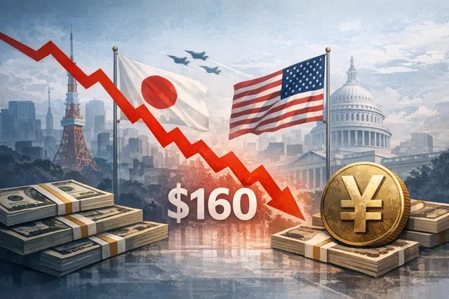 Japanese yen banknotes and U.S. dollar bills arranged on a dark background, with a declining chart line symbolizing the yen's slide toward 160 per dollar after the July 2026 joint