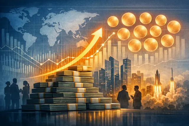 Abstract visualization of venture capital concentration in AI - a large dollar sign surrounded by smaller startup icons, representing the record $65 billion July 2026 funding surge