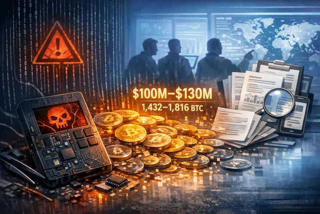 A conceptual image representing a compromised Coldcard hardware wallet with a broken security seal, glowing red warning indicators, and Bitcoin symbols in the background.