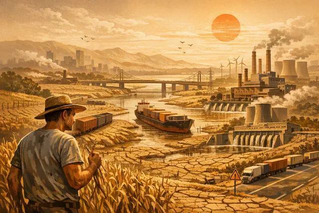 A cracked, dry riverbed with a nuclear power plant visible in the background, symbolizing the 2026 European heatwave and drought crisis.