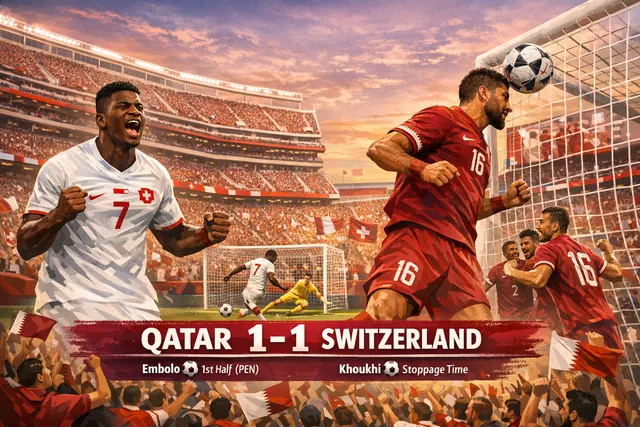 Qatar and Switzerland players in action during the 2026 World Cup Group B opener at Levi's Stadium, with fans visible in the background.