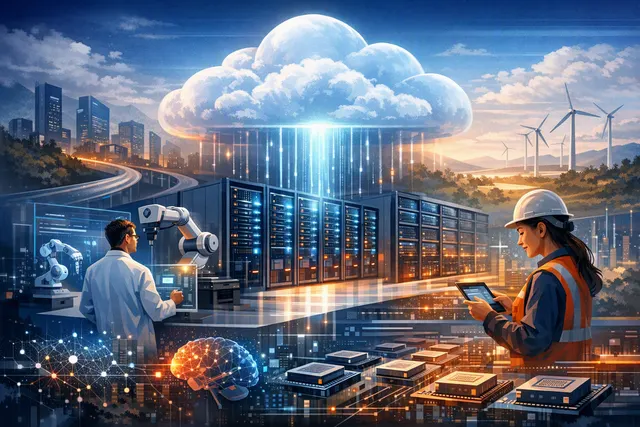 Abstract digital illustration of a glowing neural network connecting a cloud computing symbol to a laboratory flask, representing AI-powered scientific research on cloud infrastruc