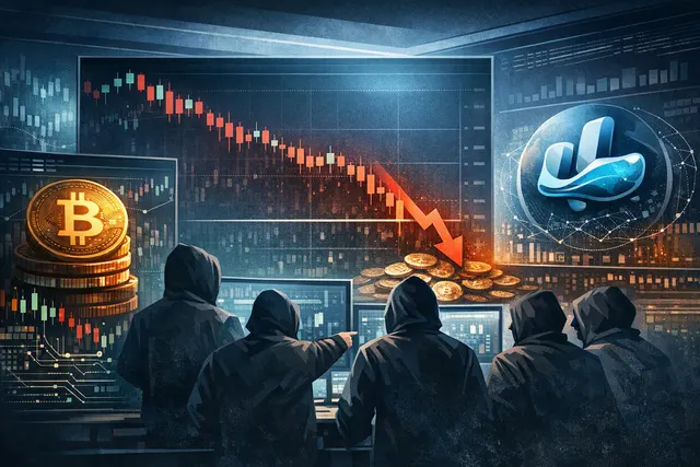 Graphic showing whale-sized Bitcoin short positions on Hyperliquid near $64K with liquidation clusters marked between $64,889 and $66,305.