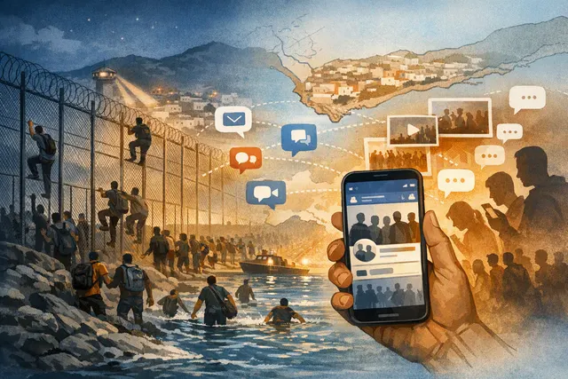 A visual representation of the Ceuta border crisis showing people swimming around the Tarajal breakwater