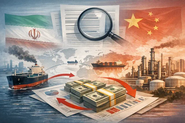 Editorial illustration of an oil refinery, tanker ships and financial links between China and Iran