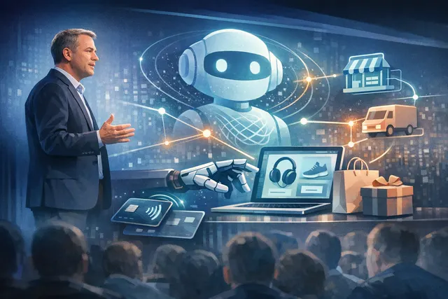 A stylized visual of a credit card fragment merging with a glowing AI neural network, symbolizing the integration of Visa's payment rails into ChatGPT's autonomous shopping capabil