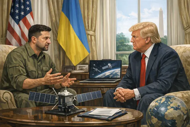 AI-generated illustration of the White House meeting between President Zelenskyy and President Trump, with Starlink satellite and drone imagery representing the July 28, 2026 close