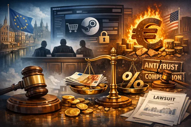 Digital illustration of Steam's platform icon under legal scrutiny with gavel imagery and global litigation symbols