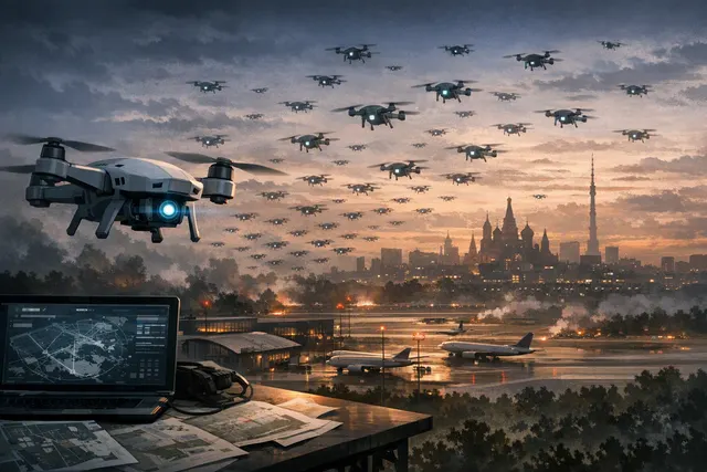 AI-generated illustration of autonomous drones approaching an airport near Moscow at night