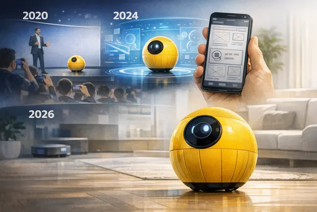 AI-generated illustration of a futuristic yellow spherical robot with a projector, representing Samsung's Ballie companion robot
