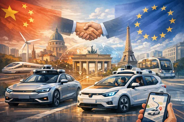 Illustration of autonomous robotaxis representing Momenta and Pony.ai expanding across European roads