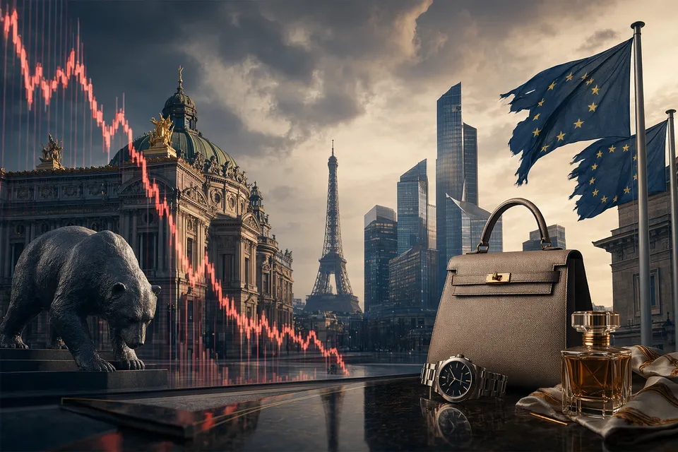Editorial illustration of European luxury stocks falling amid market volatility