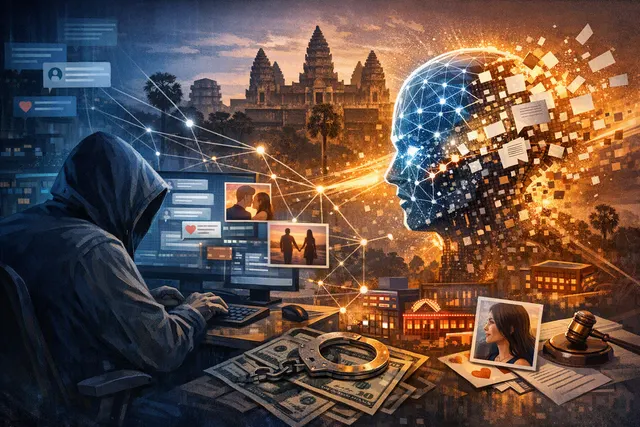 AI-generated visualization of a digital scam network operation centered on Cambodia, with ChatGPT interface elements, financial fraud symbols, and warning signs of forced labor tra