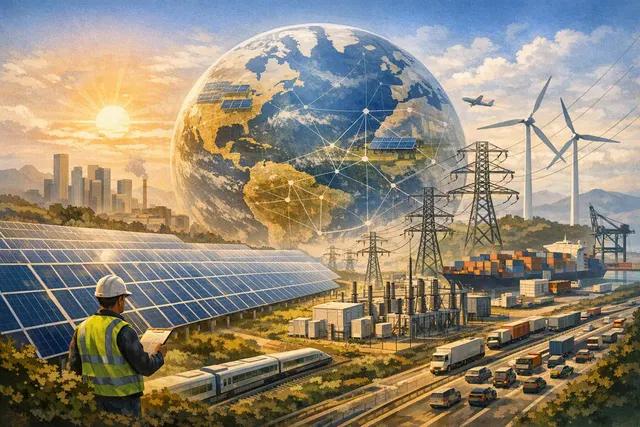 Solar panels at sunset with power transmission lines in the background, symbolizing the shift from panel deployment to grid integration
