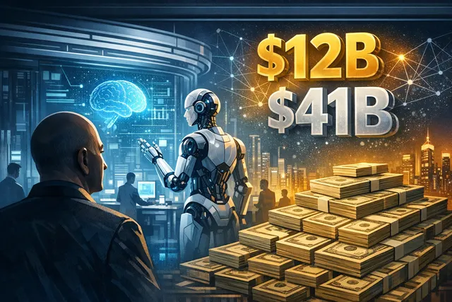 Conceptual editorial image showing Jeff Bezos alongside an AI-powered engineering interface for designing physical products like jet engines.