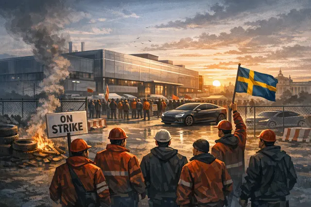 A photorealistic illustration of an empty picket line outside a Tesla service center in Sweden, with a sign reading 'IF Metall' abandoned on the ground, symbolizing the end of the