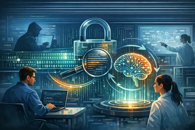 Illustration of a researcher inserting an encrypted reasoning block into a smaller AI model, which decodes it in plaintext, with Claude, GPT, and Gemini logos in the background.
