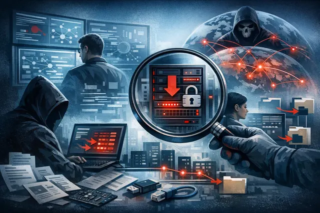Digital illustration representing a cyberattack on cloud databases, with silhouettes of servers and data streams under a magnifying glass