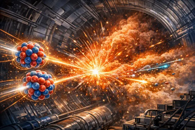 AI-generated illustration of oxygen and neon nuclei colliding to create quark–gluon plasma