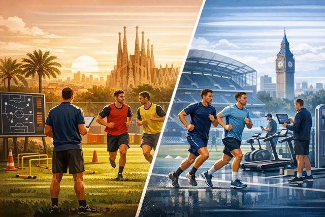 AI-generated image comparing Barcelona and Chelsea preseason fitness training in 2026, showing players at Ciutat Esportiva and in travel