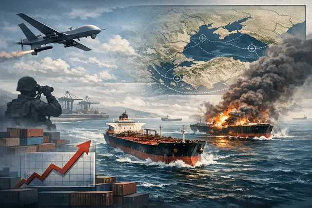 Aerial view of an oil tanker in the Black Sea near a port terminal, with an overlay of drone threat zones and shipping route disruption.