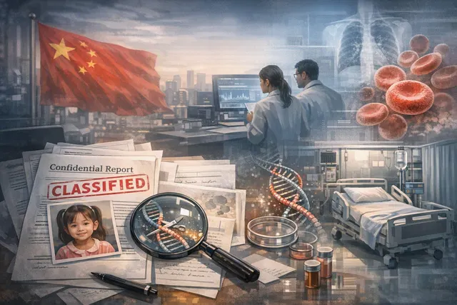 Conceptual image representing gene editing and DNA with a cautionary tone, illustrating the two unreported deaths in Chinese clinical trials.