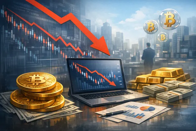 Bitcoin logo and chart with downward trend lines against a dark background, representing Strategy's recent Bitcoin sell-off and market pressure