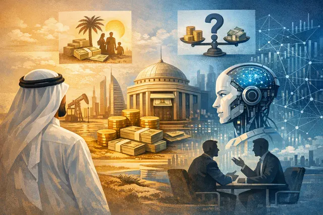 Abstract visualization of Gulf sovereign wealth flowing into AI infrastructure and citizen dividends