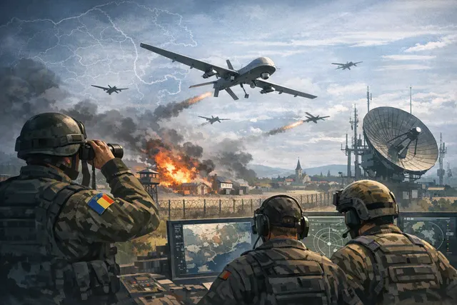 Editorial illustration of a drone threat over Romania and NATO’s eastern flank