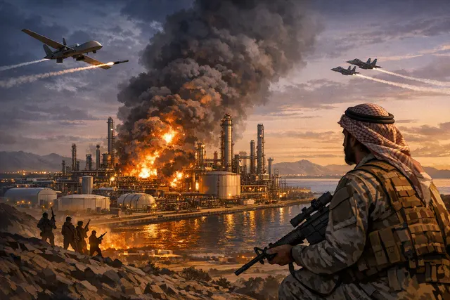 AI-generated editorial image depicting the Houthi drone strike on Saudi Aramco's Jazan refinery