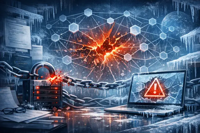 Illustration of a blockchain network halted during a MANTRA security incident