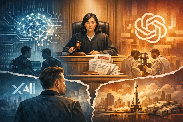 Digital gavel striking a block with AI-themed circuitry and corporate logos in the background, representing the xAI versus OpenAI trade-secret lawsuit dismissal.