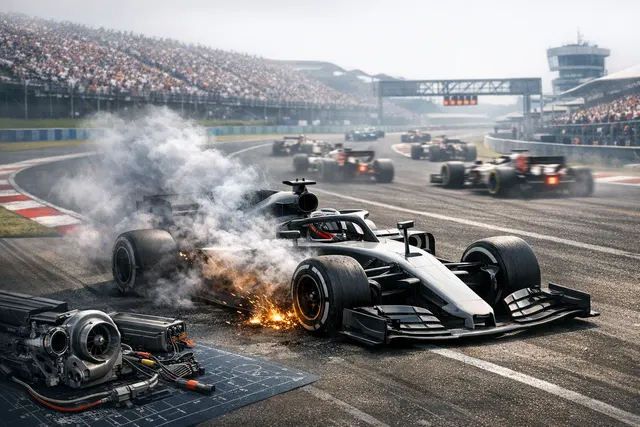 AI-generated image of a Formula 1 Mercedes car with a distressed driver, representing George Russell's 2026 season of mechanical failures