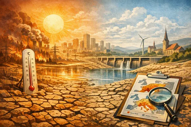 Visualization of the convergence of extreme heat and water scarcity threatening asset valuations across multiple economic sectors.