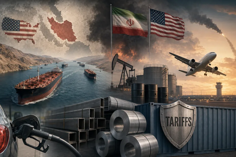 Illustration of oil tankers near the Strait of Hormuz with airplanes and rising fuel prices representing the 2026 energy and travel cost shock