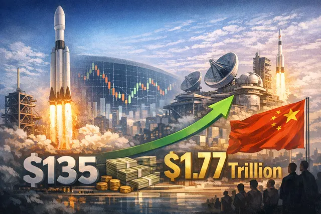 A conceptual image of a rocket launch superimposed over a stock ticker, symbolizing China's commercial space IPO boom triggered by SpaceX's record listing.