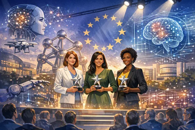 Three women innovators on stage at the EIC Summit in Brussels receiving awards for AI healthcare, space cargo reusability, and blockchain supply chain technology.