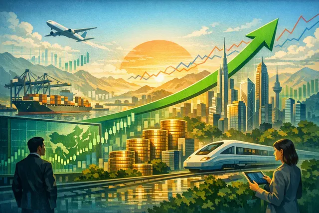Stock market data screens and charts showing an upward trend for Asian financial markets in August 2026.