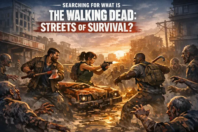 Pixel-art banner for The Walking Dead: Streets of Survival featuring Rick, Daryl, and Michonne fighting walkers and Saviors in a retro arcade style.