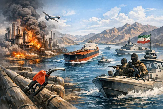 Editorial illustration of global diesel supply disruptions, refinery outages and oil tankers near a strategic shipping route