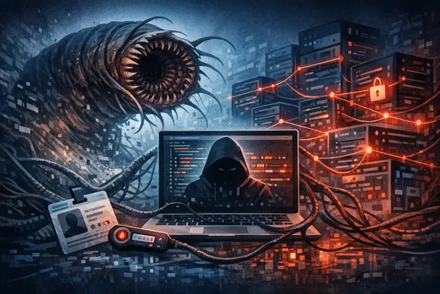 A conceptual illustration of a digital worm spreading across connected nodes, representing the ChainDrop npm supply chain attack.
