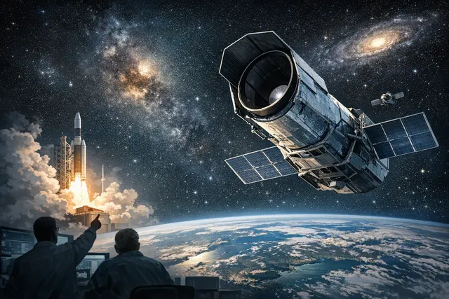 Illustration of NASA’s Nancy Grace Roman Space Telescope observing a wide field of galaxies and stars in deep space