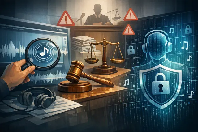 Conceptual representation of Suno AI music watermarking and copyright detection tools, with a waveform and legal documents in the background.