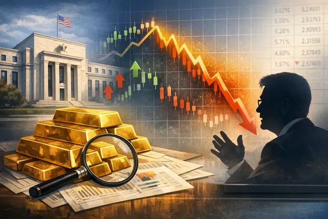 A gold bar resting on a dark surface with a financial chart in the background, representing gold price volatility after the Federal Reserve's July 2026 decision.